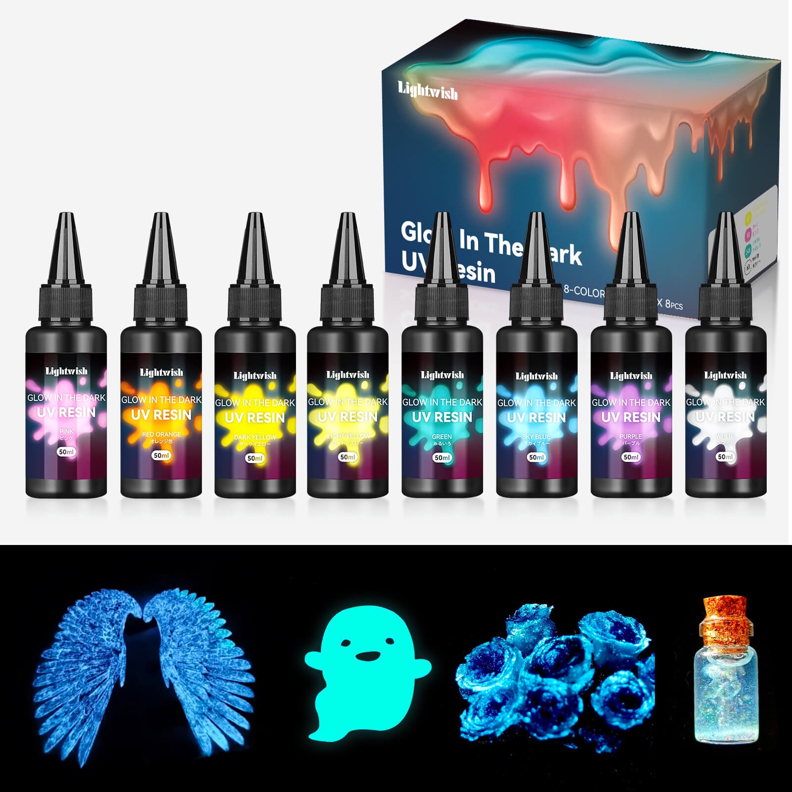 Lightwish Glow in The Dark UV Resin 400g, 8 Colors