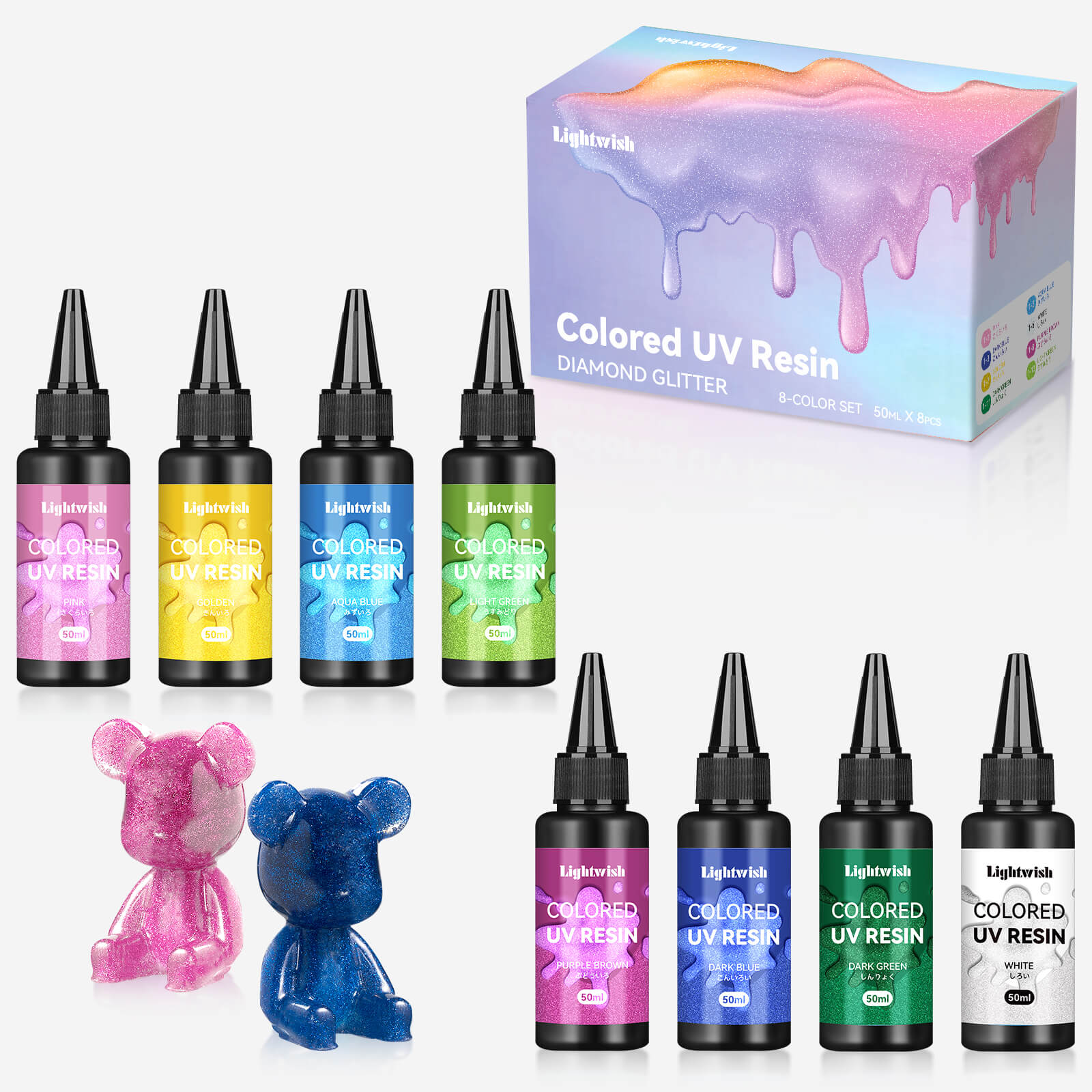 Résines UV colorées Lightwish, kit de résine UV Diamond Glitter 8 couleurs