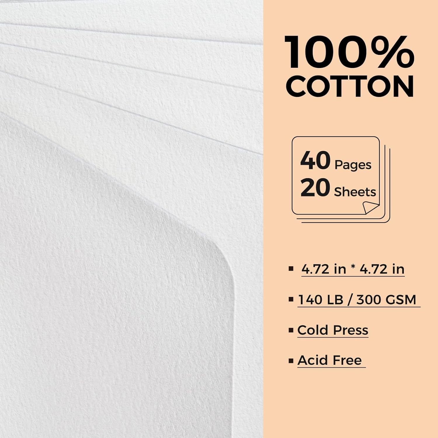 Watercolor Journal - 100% Cotton Cold Press Paper | 20 Sheets 40 Pages | 300GSM (140lb) | Linen Cotton Cover Watercolor Sketch Books for Artists Painting,Mixed Media 4.72 x 4.72 in