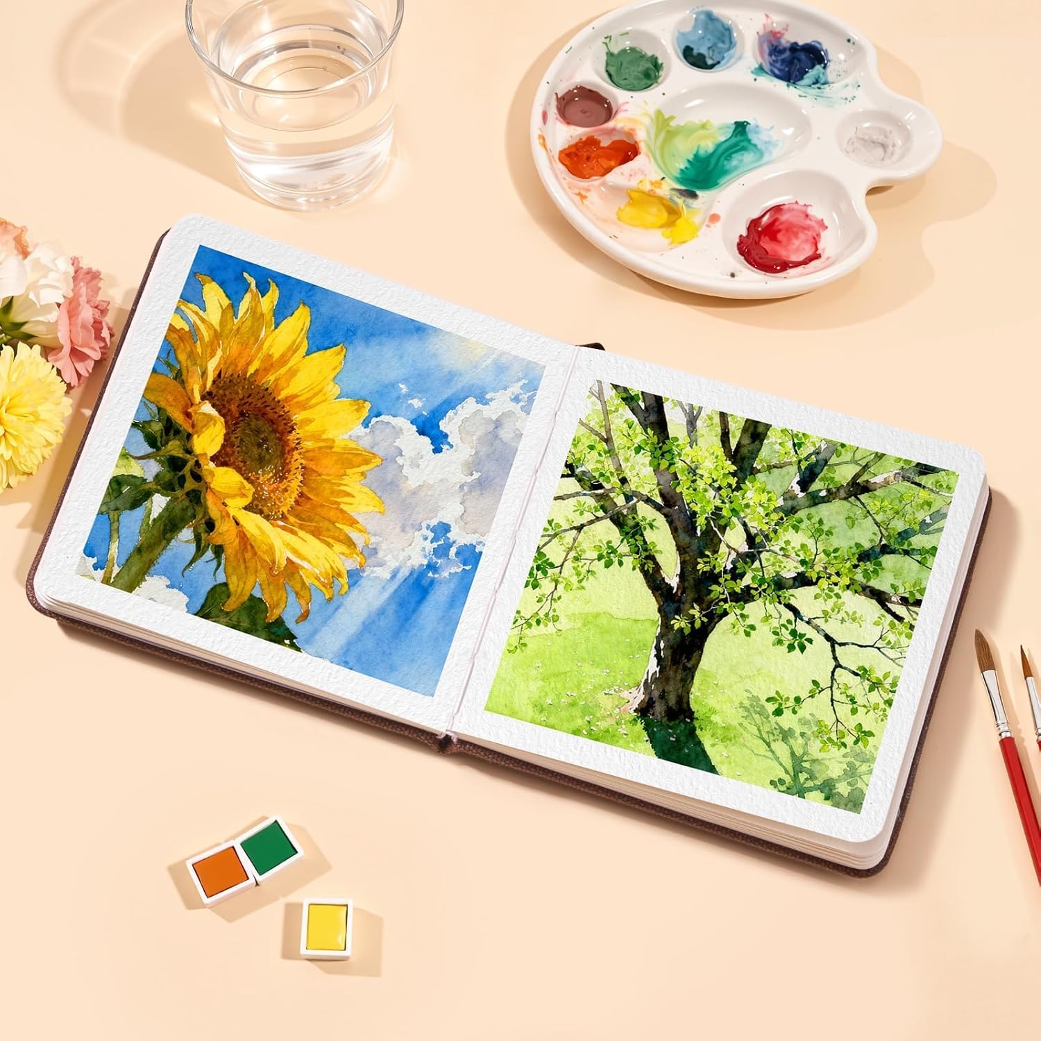 Watercolor Journal - 100% Cotton Cold Press Paper | 20 Sheets 40 Pages | 300GSM (140lb) | Linen Cotton Cover Watercolor Sketch Books for Artists Painting,Mixed Media 4.72 x 4.72 in