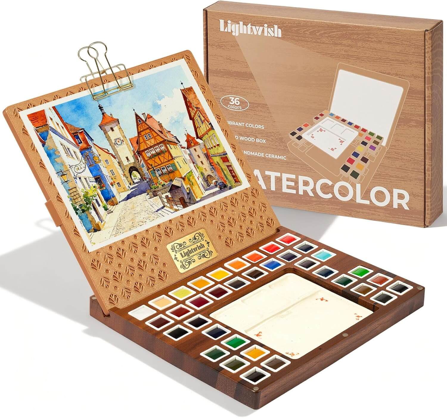Lightwish Watercolor Paint Set – 36 Colors with Wooden Palette Box