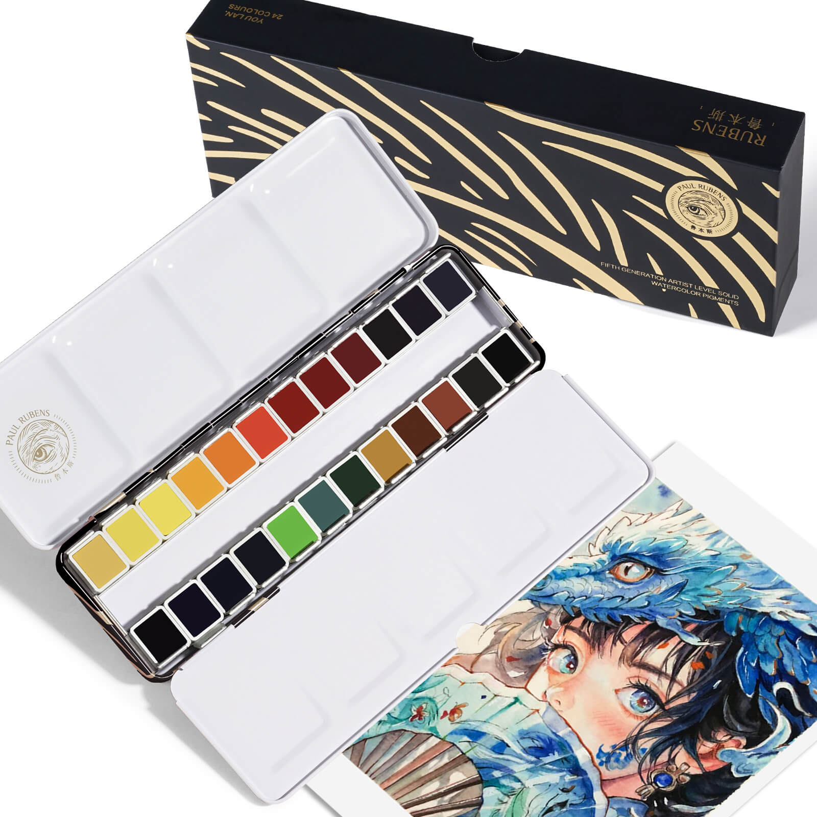 Paul Rubens Kit de peinture aquarelle professionnelle, 24 couleurs vives dans une boîte en fer blanc portable (noir et or)