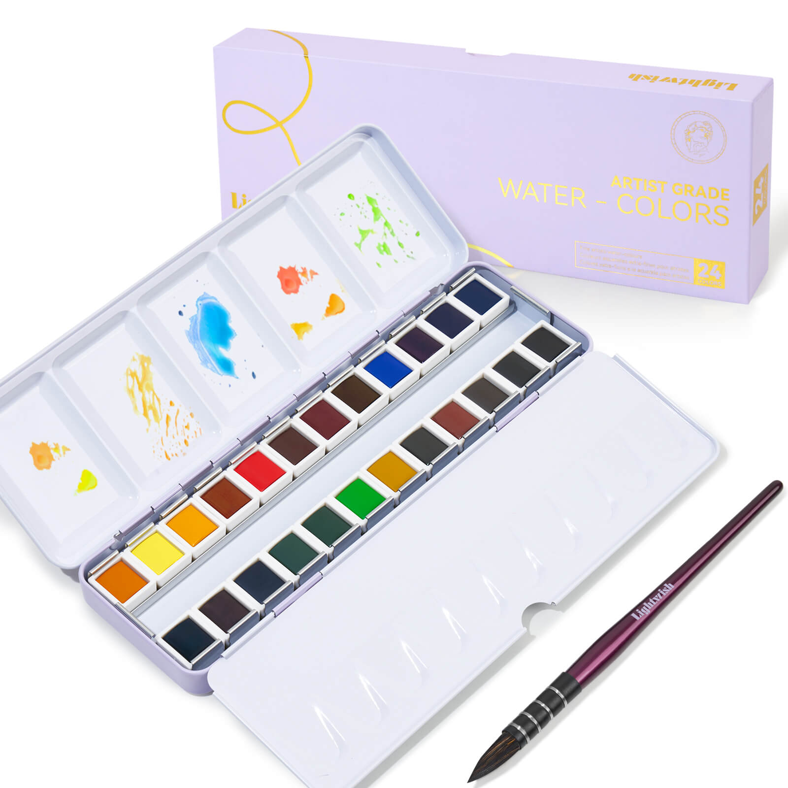 Lightwish Watercolor Paint Set Artist Grade, 24 and 48 Colors(Single-Pigment Colors)  with Brushes, Travel Portable Set