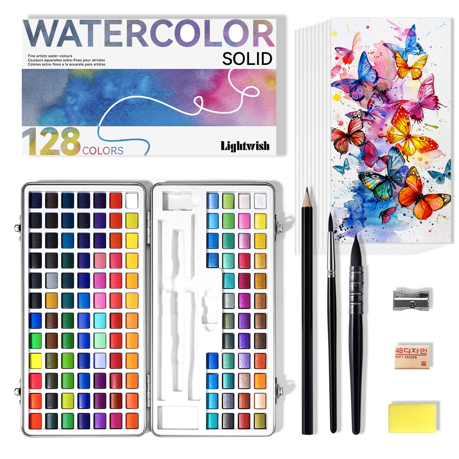 Lightwish Watercolor Paint Set 128 Colors, with Watercolor Paper, Brush, Pencils, Erasers