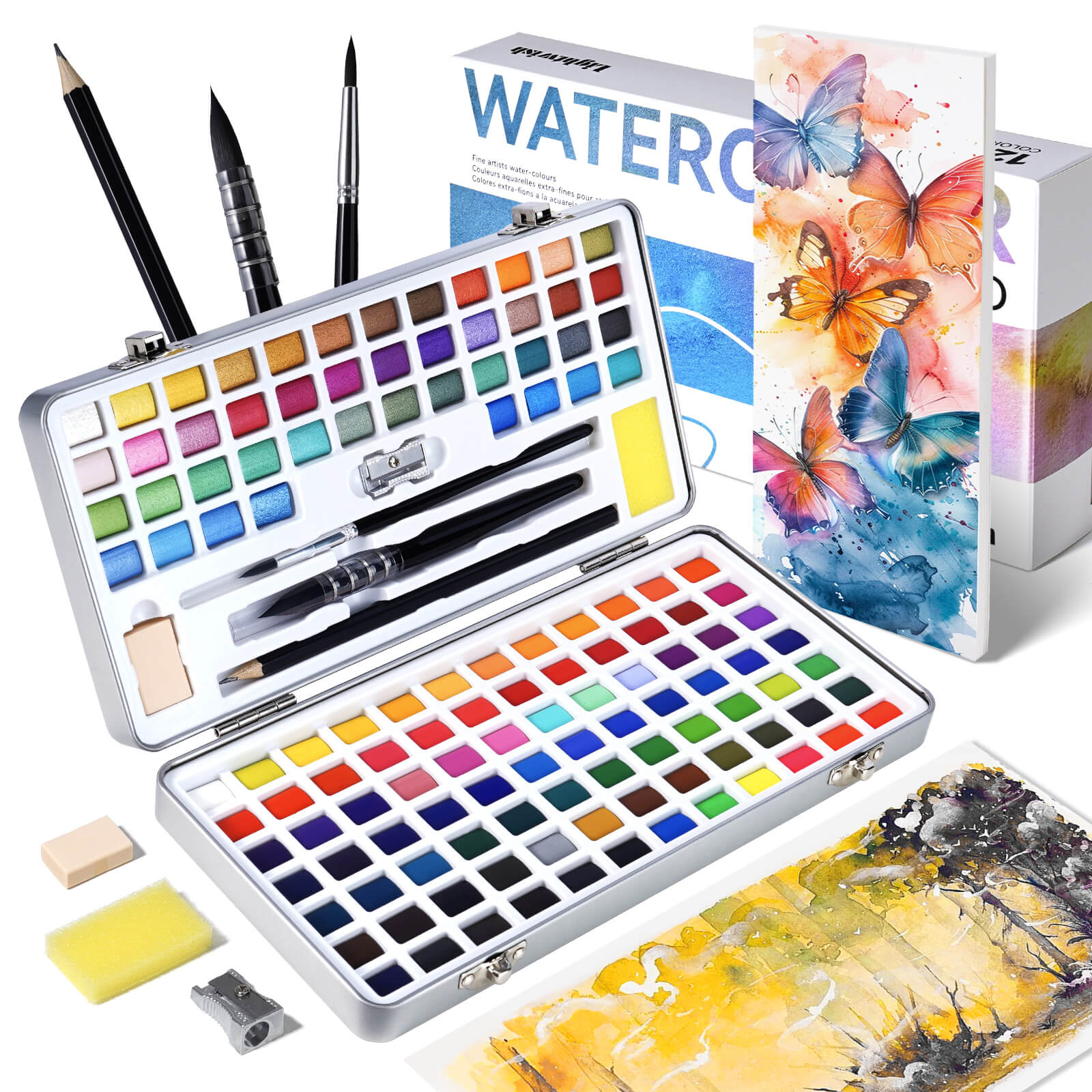 Lightwish Watercolor Paint Set 128 Colors, with Watercolor Paper, Brush, Pencils, Erasers