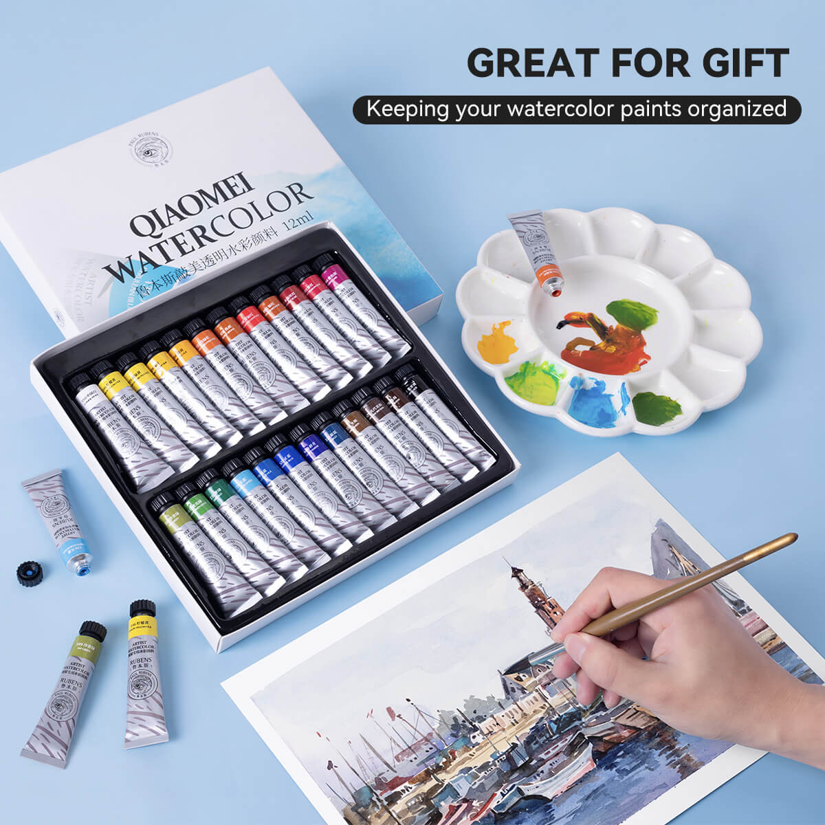 Paul Rubens QIAOMEI Ensemble de peinture aquarelle 24 couleurs vives tubes de 12 ml