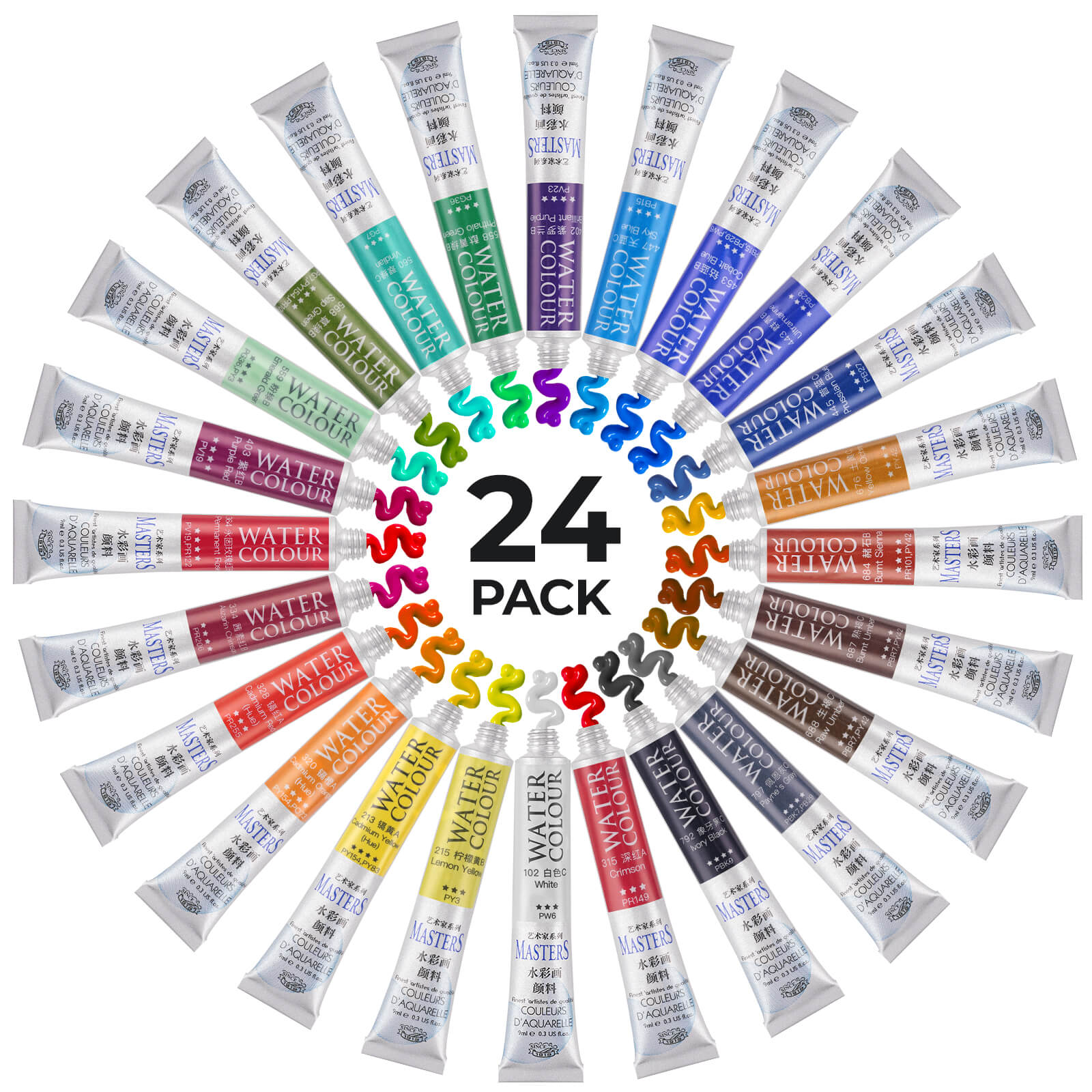 LIGHTWISH Marie's Masters Ensemble de tubes de peinture aquarelle professionnelle 24 couleurs