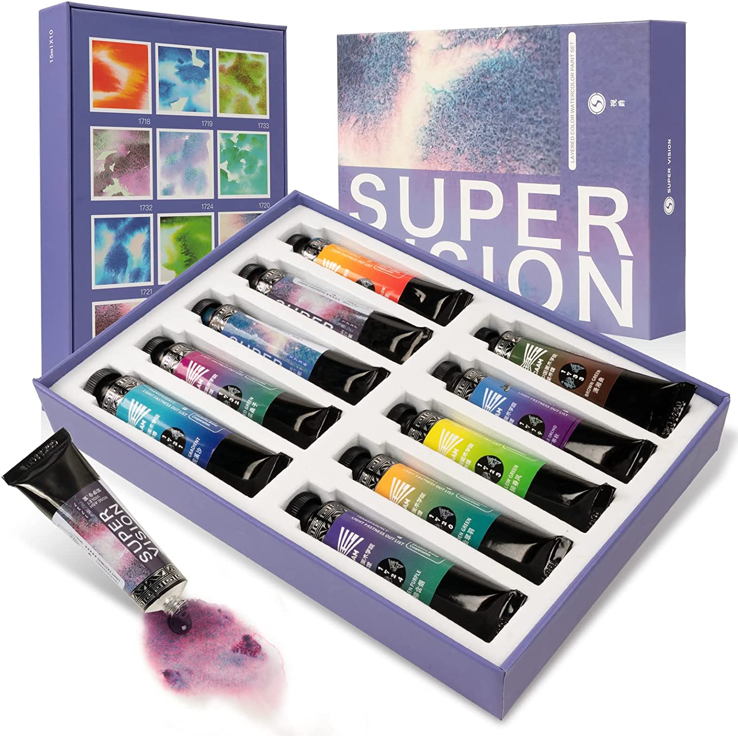 Ensemble de peinture aquarelle SUPER VISION, 10 couleurs superposées, tube de 15 ml x 10 