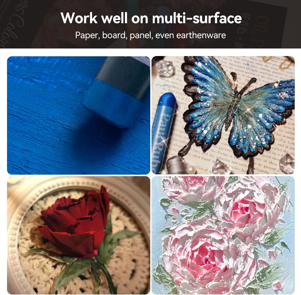 Using paul rubens oil pastels work well on multi-surface, like paper, board, panel, even earthenware, like a beautiful painting of a butterfly and flowers created using oil pastels