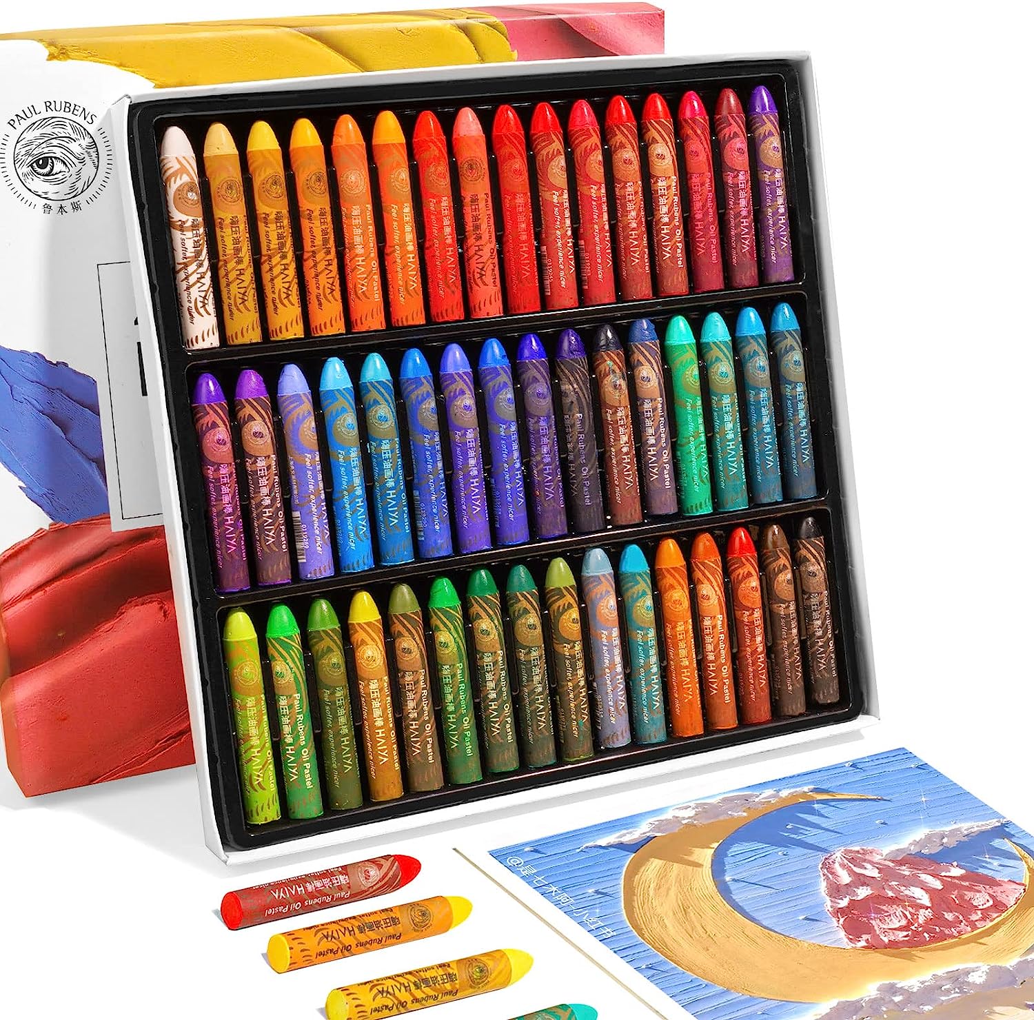 Colorful oil pastels neatly arranged in a box on a white surface.