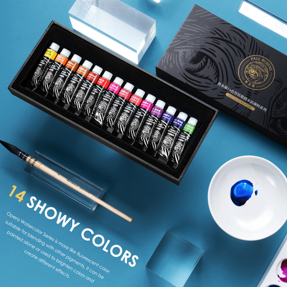 The Paul rubens paint set has 14 watercolor colors and comes in a box.